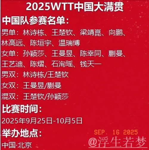 2025WTT中国大满贯将于9月25日拉开帷幕 2025WTT中国大满贯将于9月25日拉开帷幕